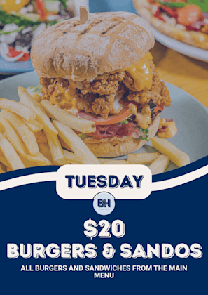 Burgers & Sandos Tuesdays | Happy Hour Drinks & Specials