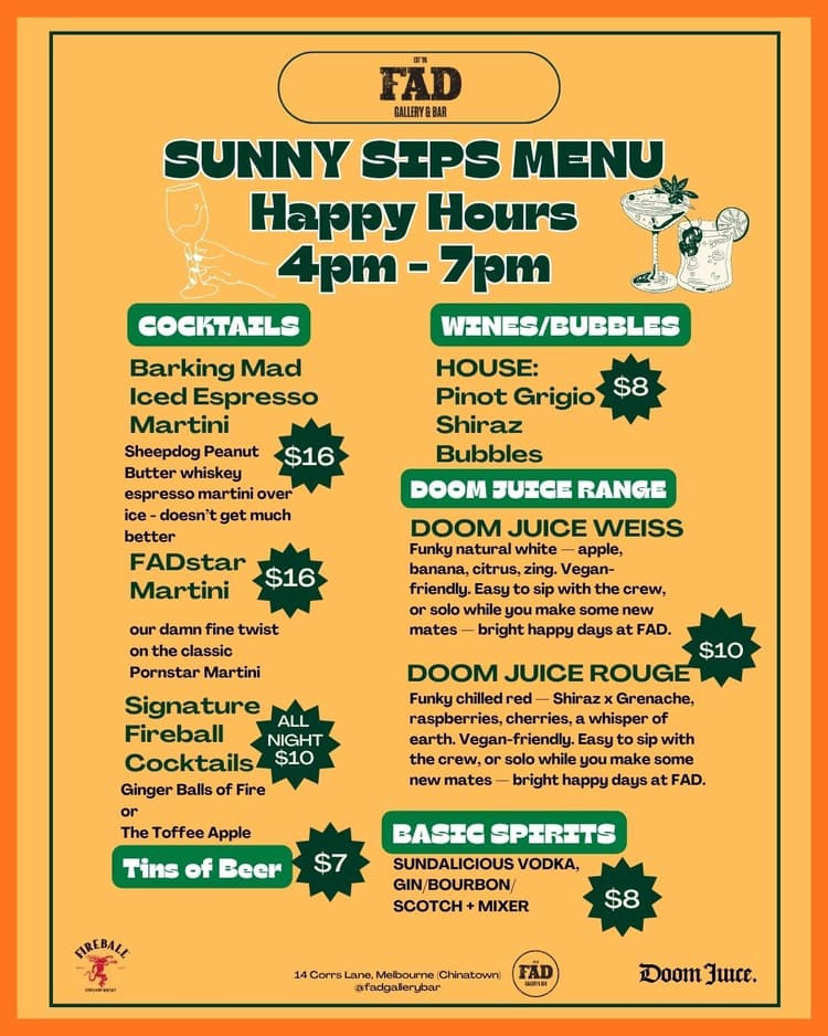 FAD SUNNY SIPS SPECIALS | Happy Hour Drinks & Specials