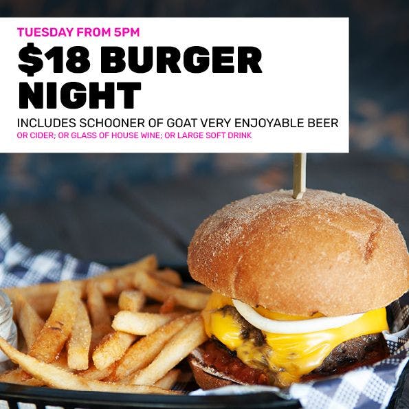 $18 Burger Night | Happy Hour Drinks & Specials