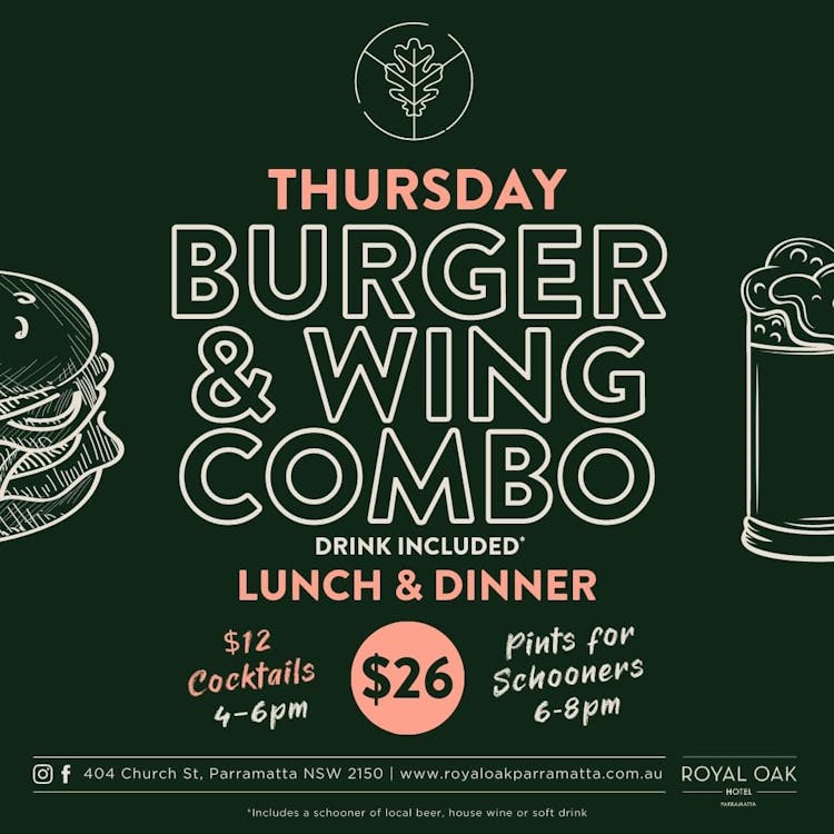 $26 Burger & Wing Combo | Happy Hour Drinks & Specials