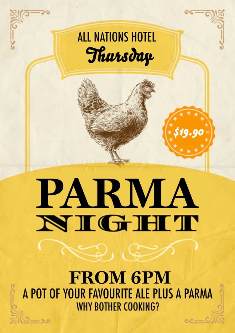Thursday $19.90 Parma Night | Happy Hour Drinks & Specials