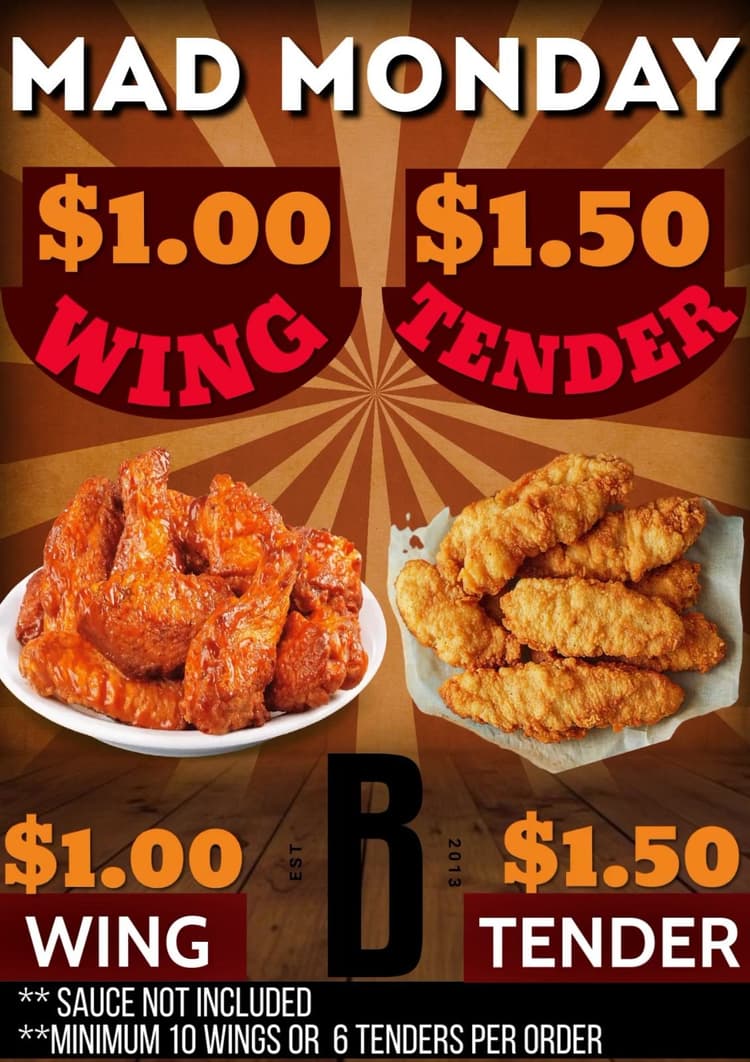 Mad Monday $ 1 wings and $1.50 Tenders | Happy Hour Drinks & Specials