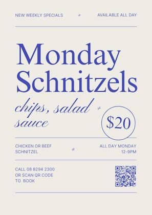 $20 Schnitzels Mondays | Happy Hour Drinks & Specials