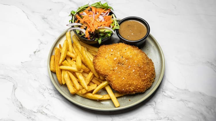 $20 Chicken Breast Schnitzel & Chips, Salad & Sauce - Lunch Special | Happy Hour Drinks & Specials