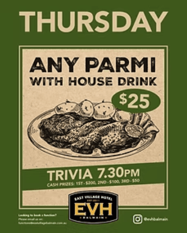$25 Parma and house drink | Happy Hour Drinks & Specials