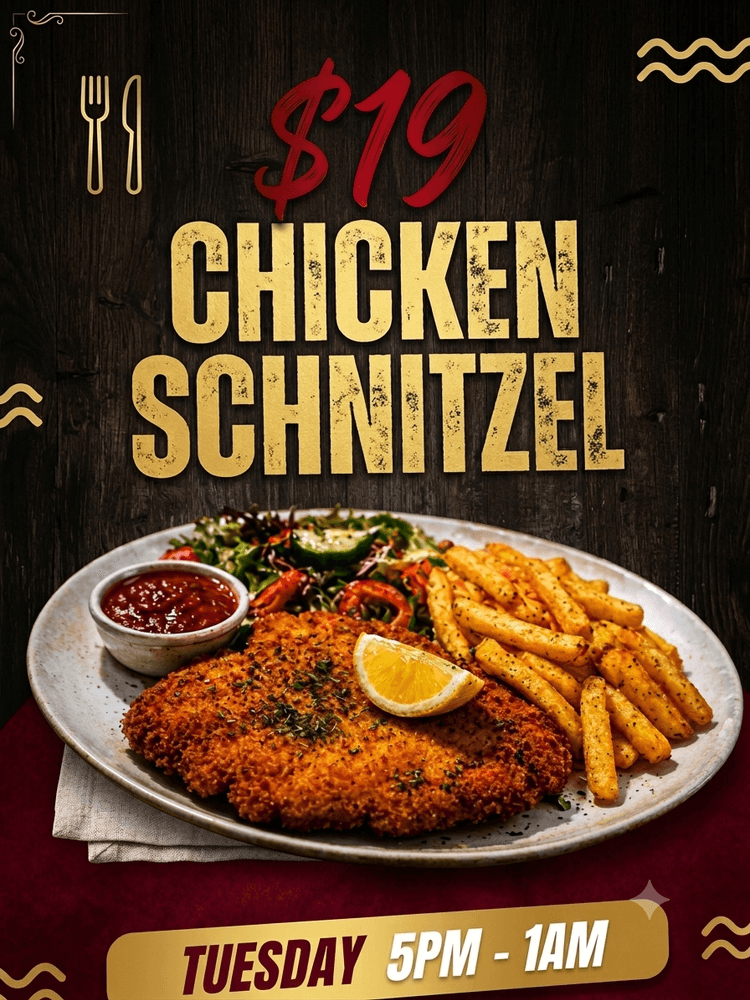 $19 crispy chicken schnitzel | Happy Hour Drinks & Specials