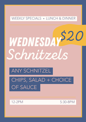 $20 Schnitzels Wednesdays | Happy Hour Drinks & Specials