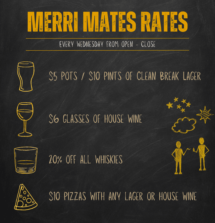 Merri Mates Rates | Happy Hour Drinks & Specials