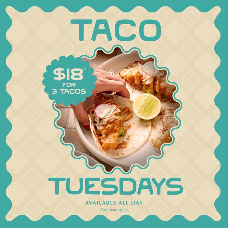 3 tacos for $18 | Happy Hour Drinks & Specials